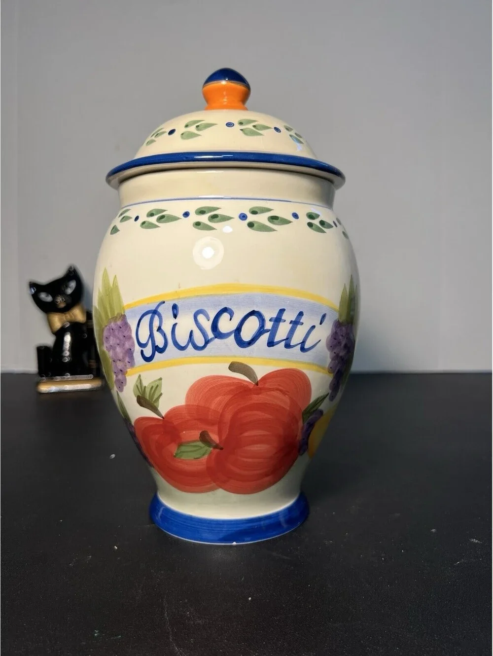 Vintage 1990s Hand Painted Biscotti Ceramic Lidded Jar, 4.5x9.5”